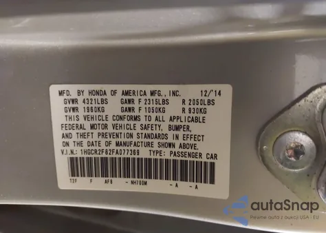 2015 Honda Accord Ex-L z USA, uszkodzony, nr VIN 1HGCR2F82FA077369